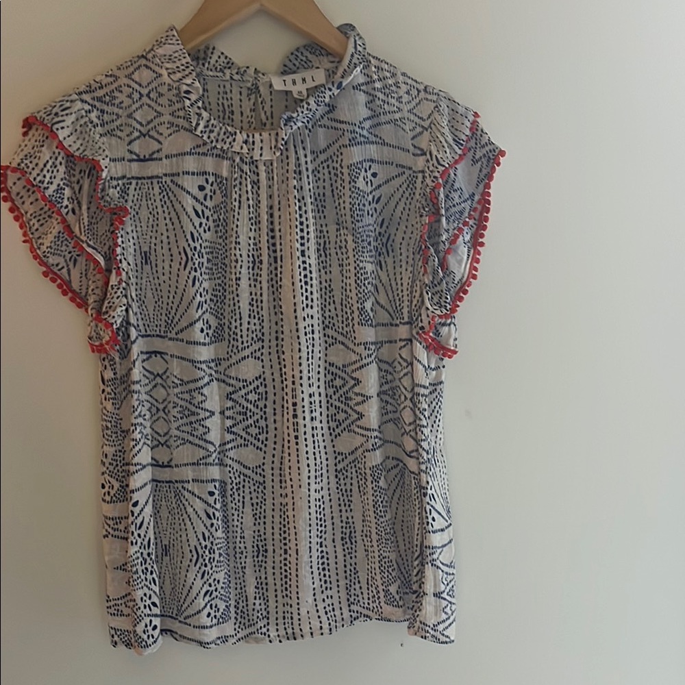 Pom Pom sleeve Blue White Blouse with Ruffle Collar